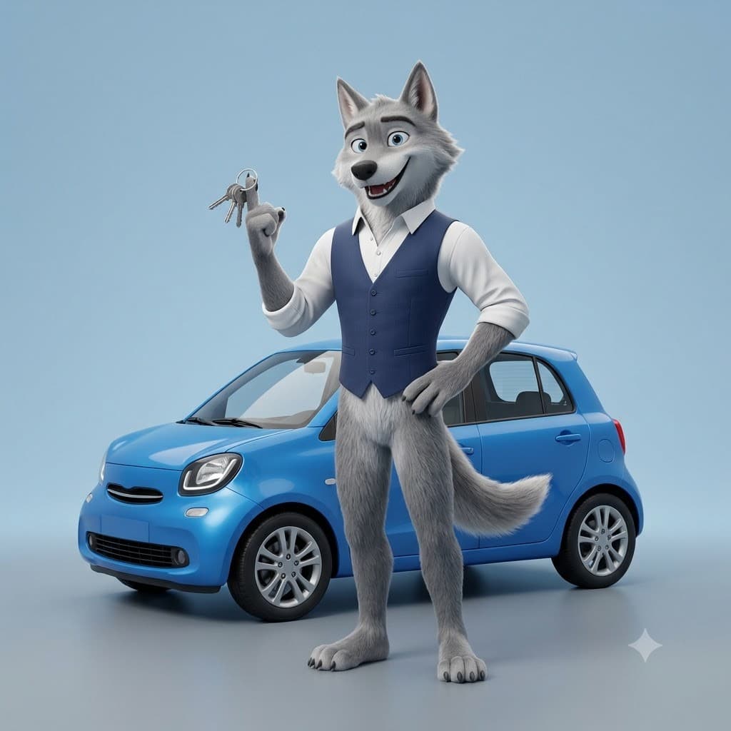 Le conseiller loup d'Alpha Assurance, clés de voiture à la patte, devant une citadine bleue